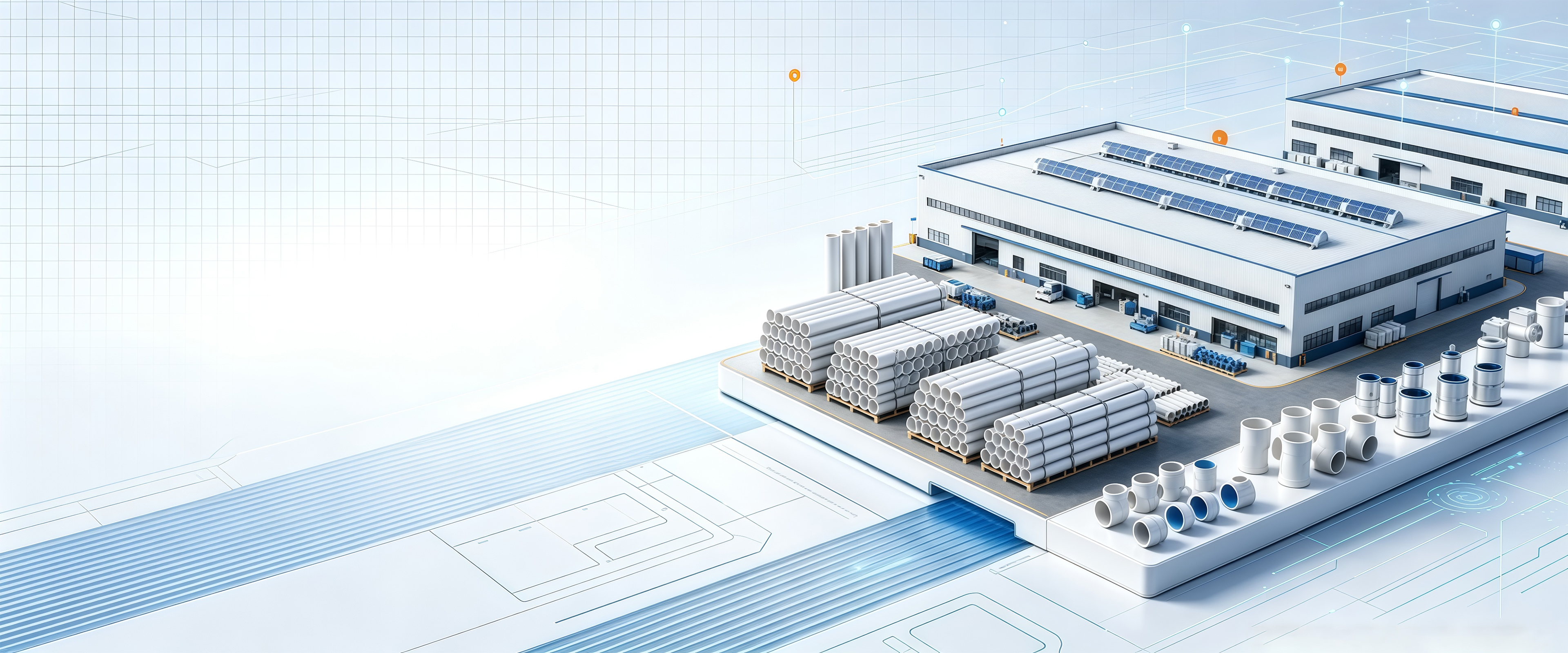 Conceptual illustration of a PP-R pipe and fitting warehouse with palletized stock ready for shipment