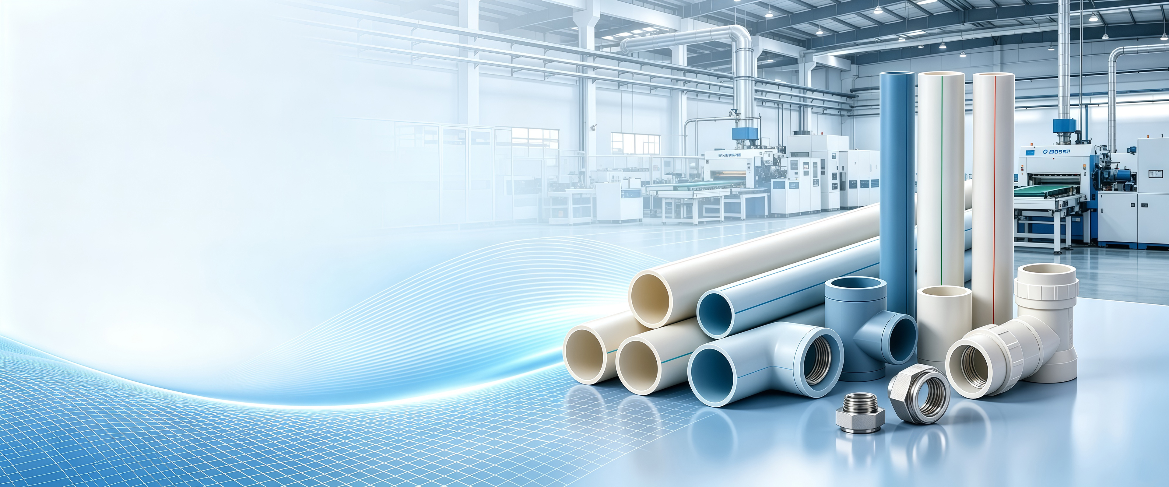 Conceptual illustration of PP-R pipe and fitting manufacturing, showing pipe extrusion and finished fittings