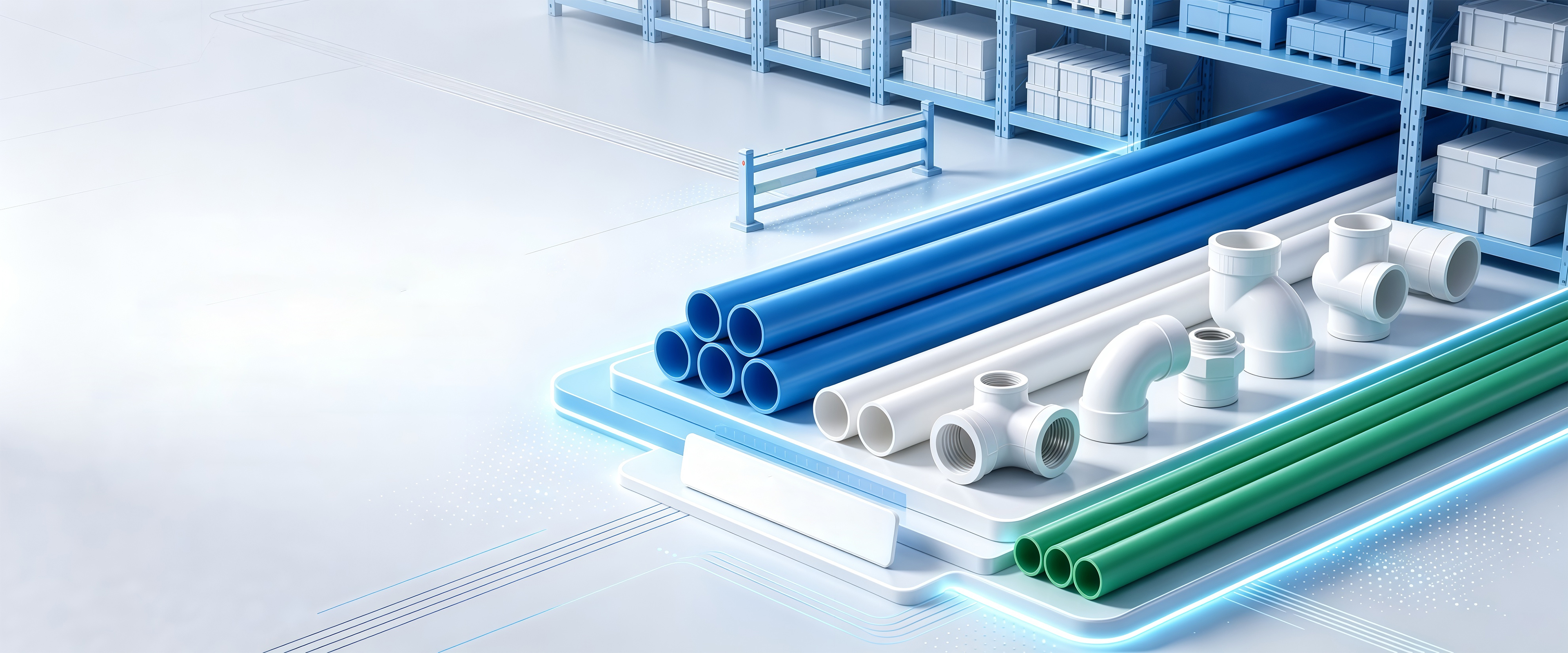 White, beige and green PP-R pipes bundled together with a blue identification stripe, in front of a production facility